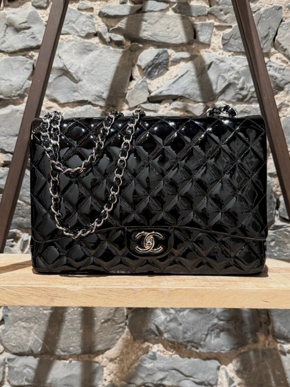 Chanel Black Patent Leather Maxi Classic Double Flap Bag